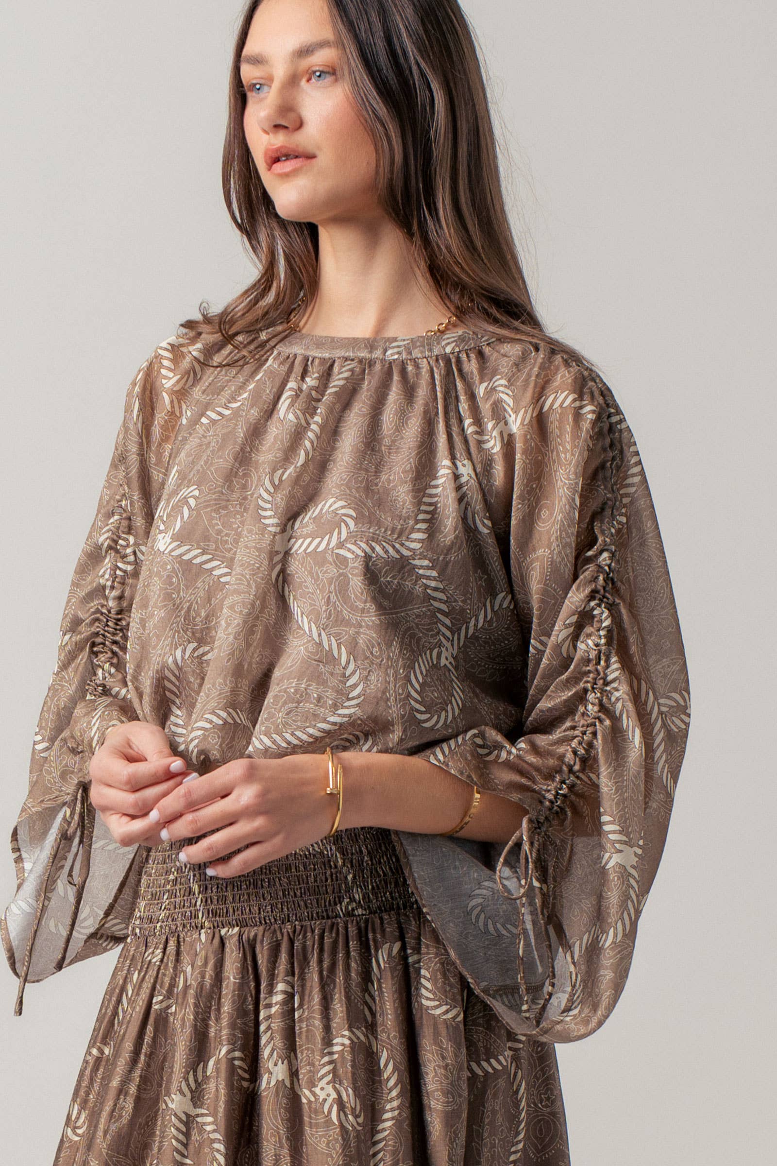Rope Print Ruched Sleeve Blouse Linen Silk Blend