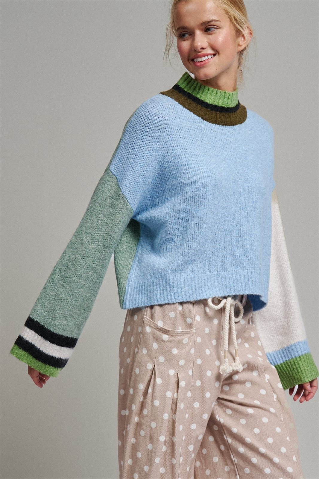 Paneled Hues Knit Sweater in BLUE SAGE - Women's Sweaters | Urban Daizy