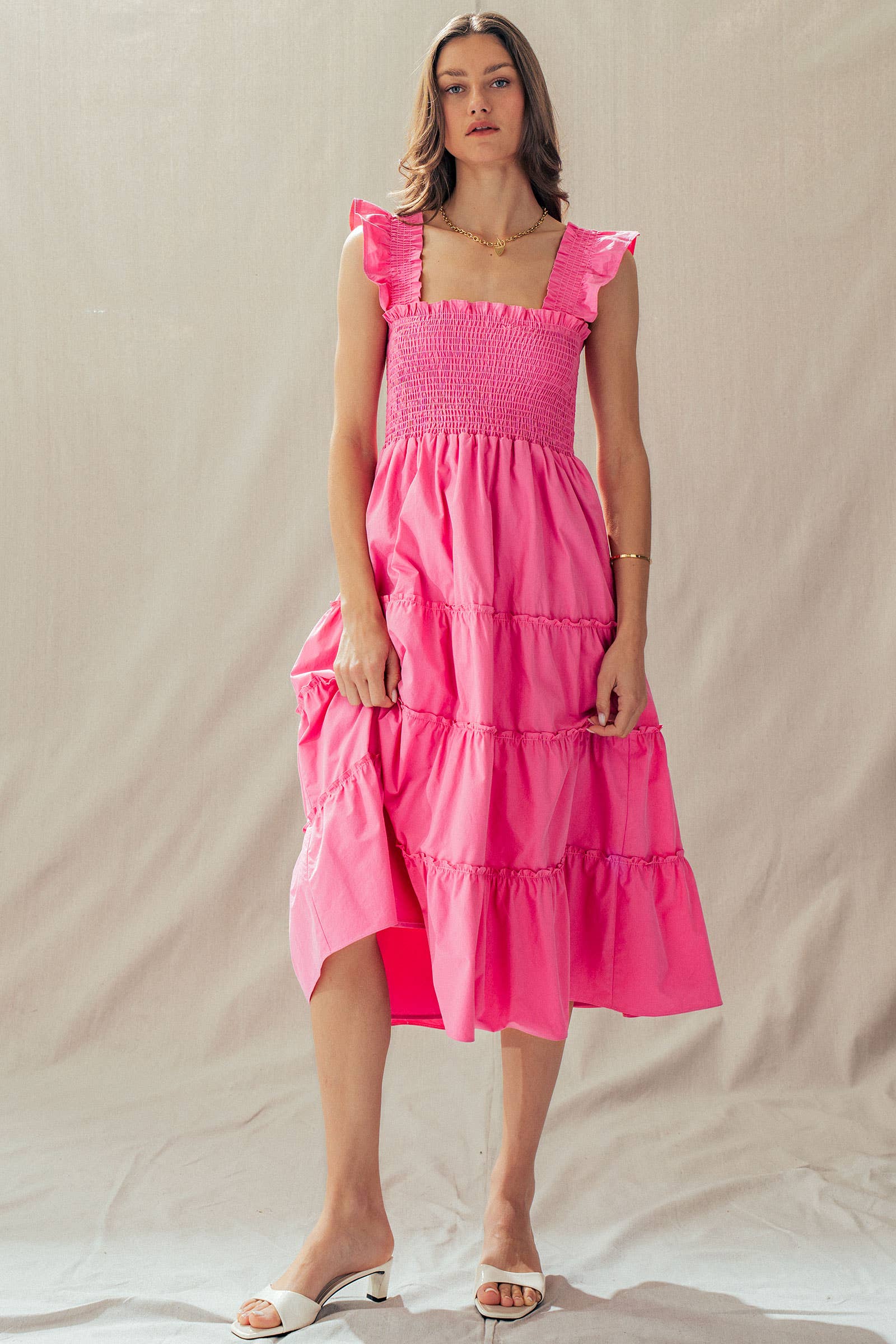 Cotton Smocked Tiered Midi Dress