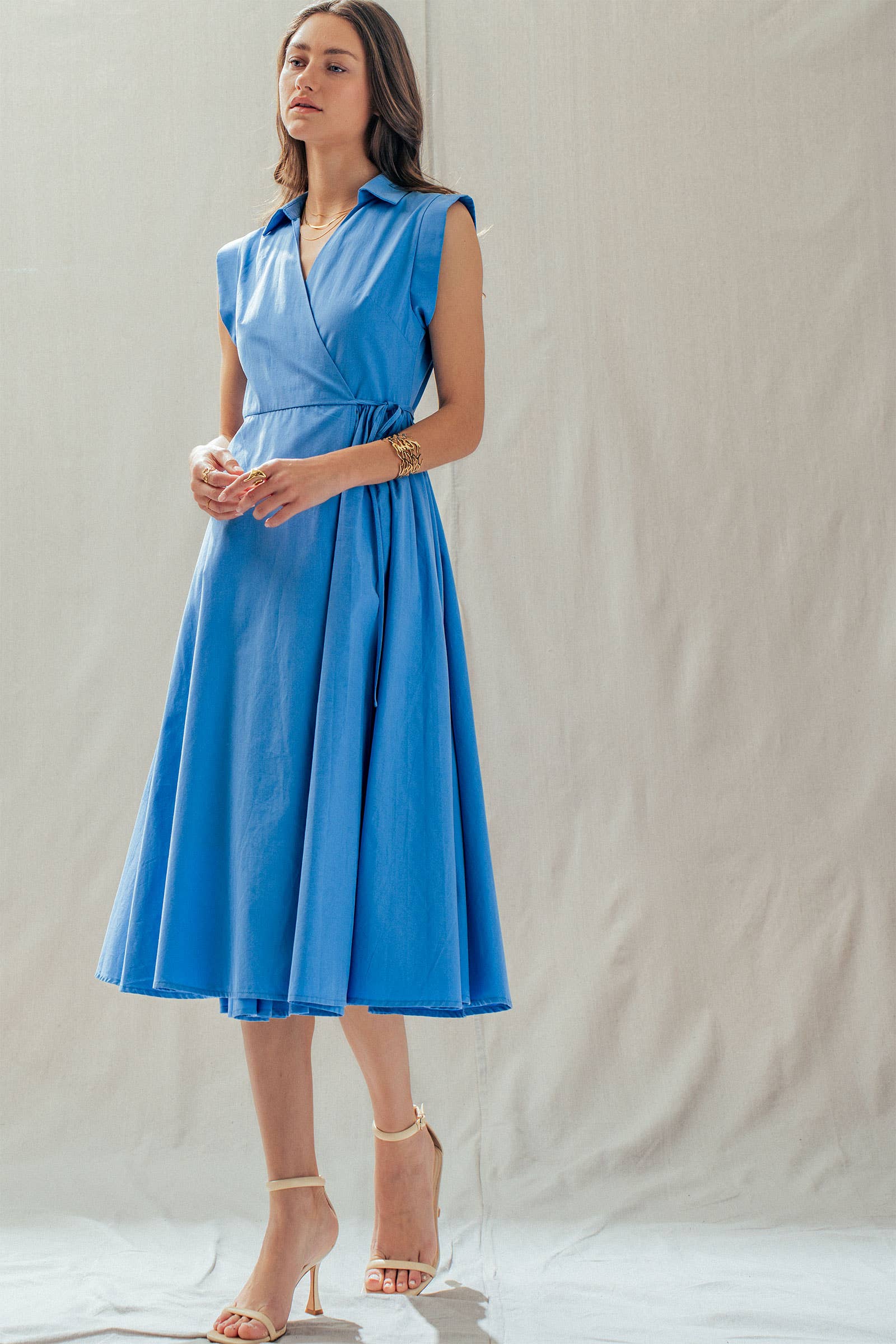 Collared Cap Sleeve Wrap Midi Dress