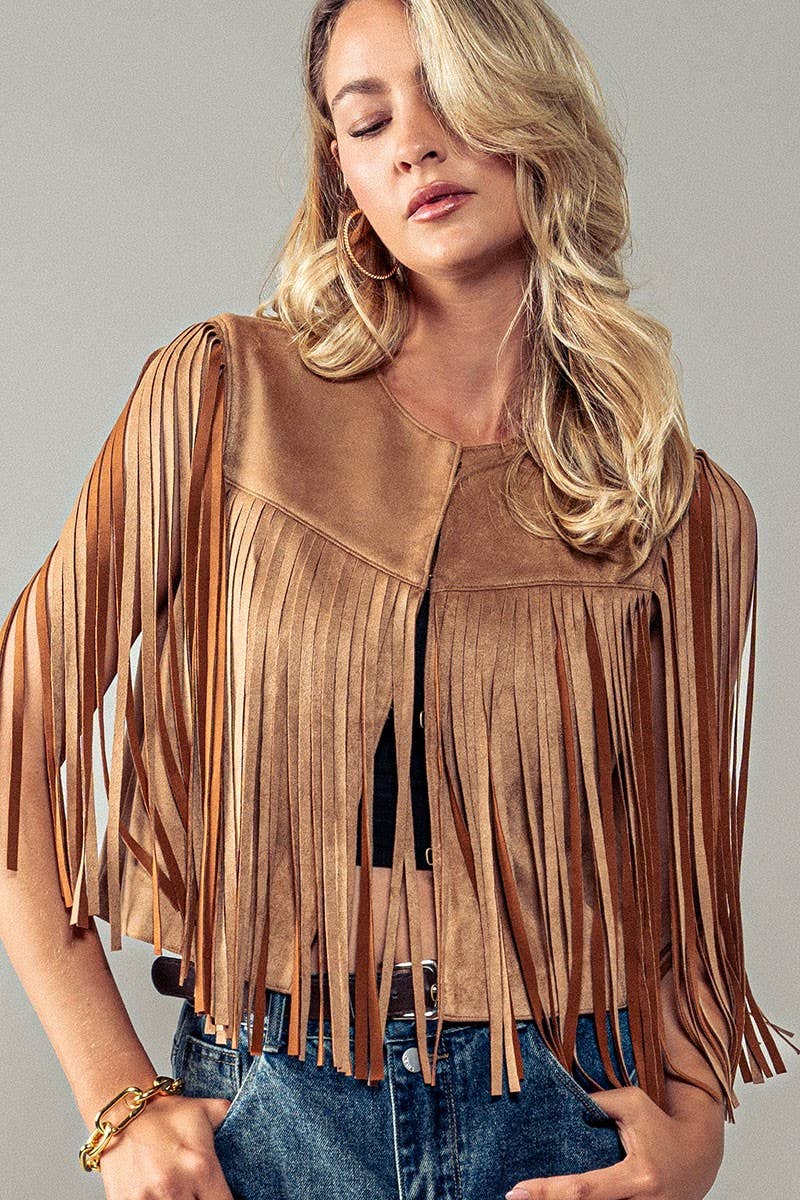 Western Faux Suede Fringe Open Front Jacket