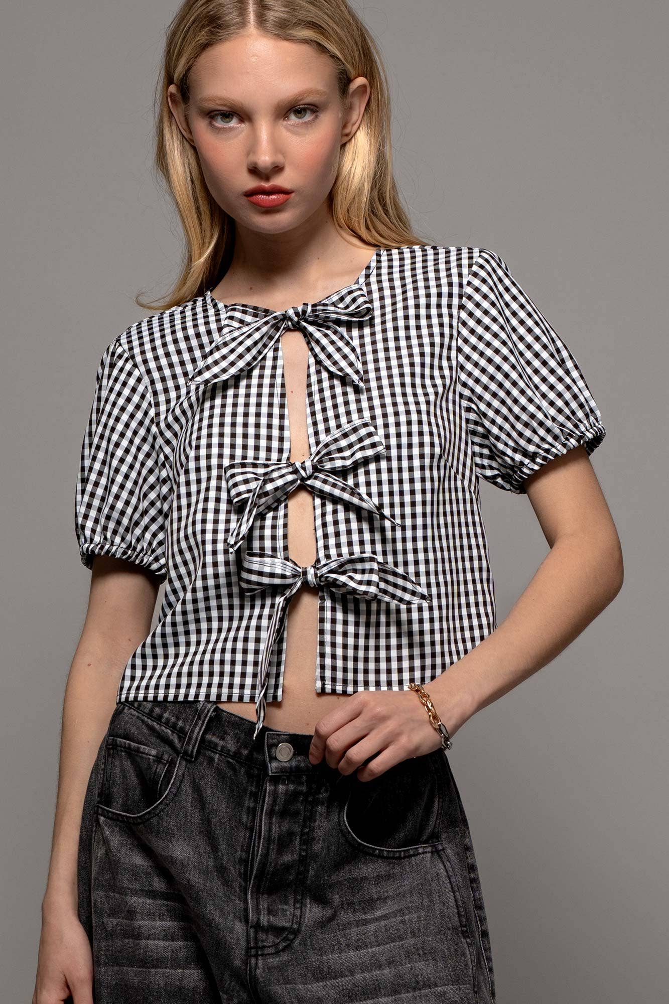 Urban Daizy Gingham Triple Bow Puff Sleeve Crop Top Pink Blouse - Women's (UDZ-TP-01033) – alternate view 18
