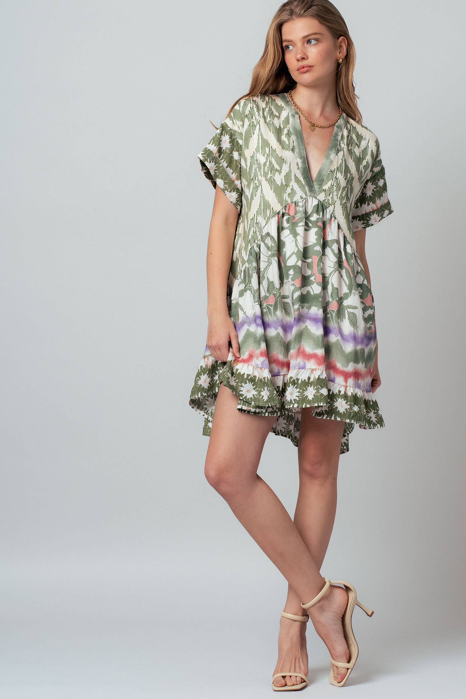 Urban Daizy Boho Mixed Print V-Neck Mini Dress Green-Multi Dress - Women's (UDZ-DR-00479) – alternate view 15