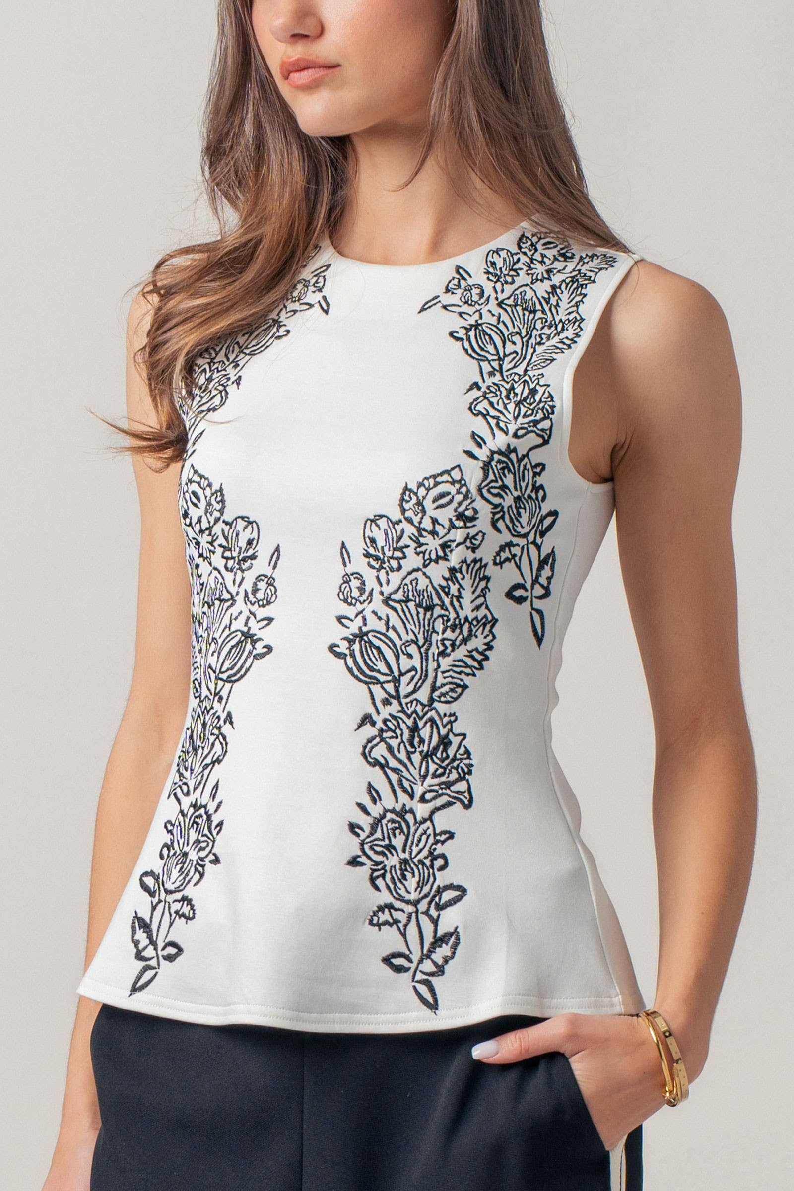 Urban Daizy Floral Embroidered Sleeveless Knit Peplum Top Ivory-Black Tank Top - Women's (UDZ-TP-01059) – alternate view 2