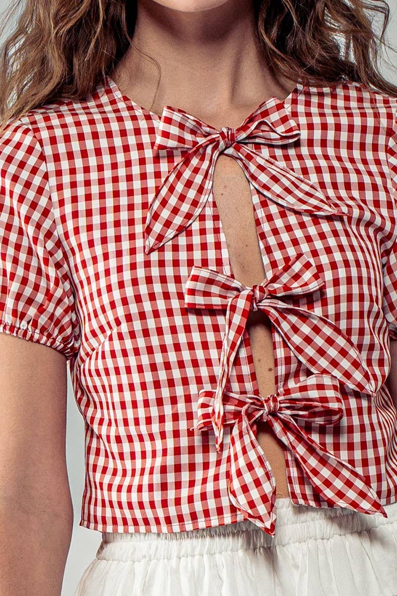 Urban Daizy Gingham Triple Bow Puff Sleeve Crop Top Pink Blouse - Women's (UDZ-TP-01033) – alternate view 26