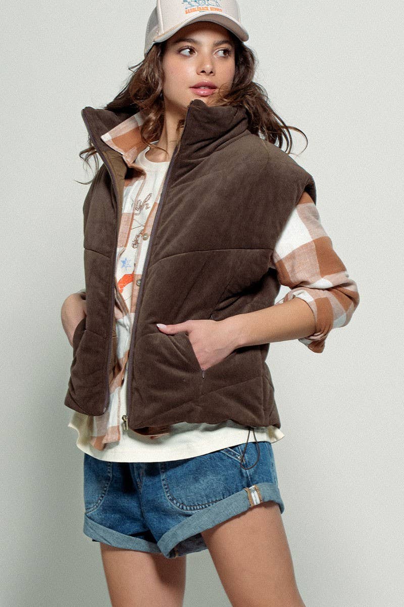 Urban Daizy Sleeveless Corduroy Toggle Hem Puff Vest Charcoal Outerwear Vest - Women's (UDZ-OT-00072) – alternate view 21