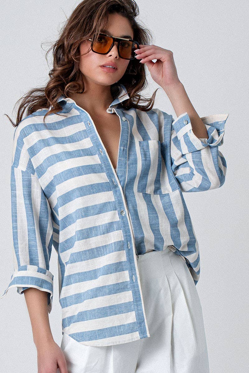 Urban Daizy Mixed Stripe Pattern Oversized Button Down Shirt Taupe Button Down Shirt - Women's (UDZ-TP-00049) – alternate…
