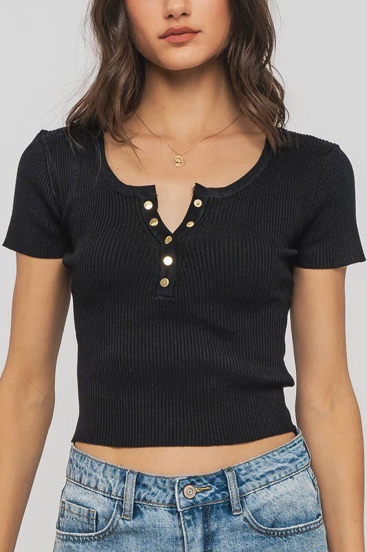 Urban Daizy Ribbed Scoop Neck Henley Cropped Summer Top Blue Knit Top - Women's (UDZ-TP-00758)