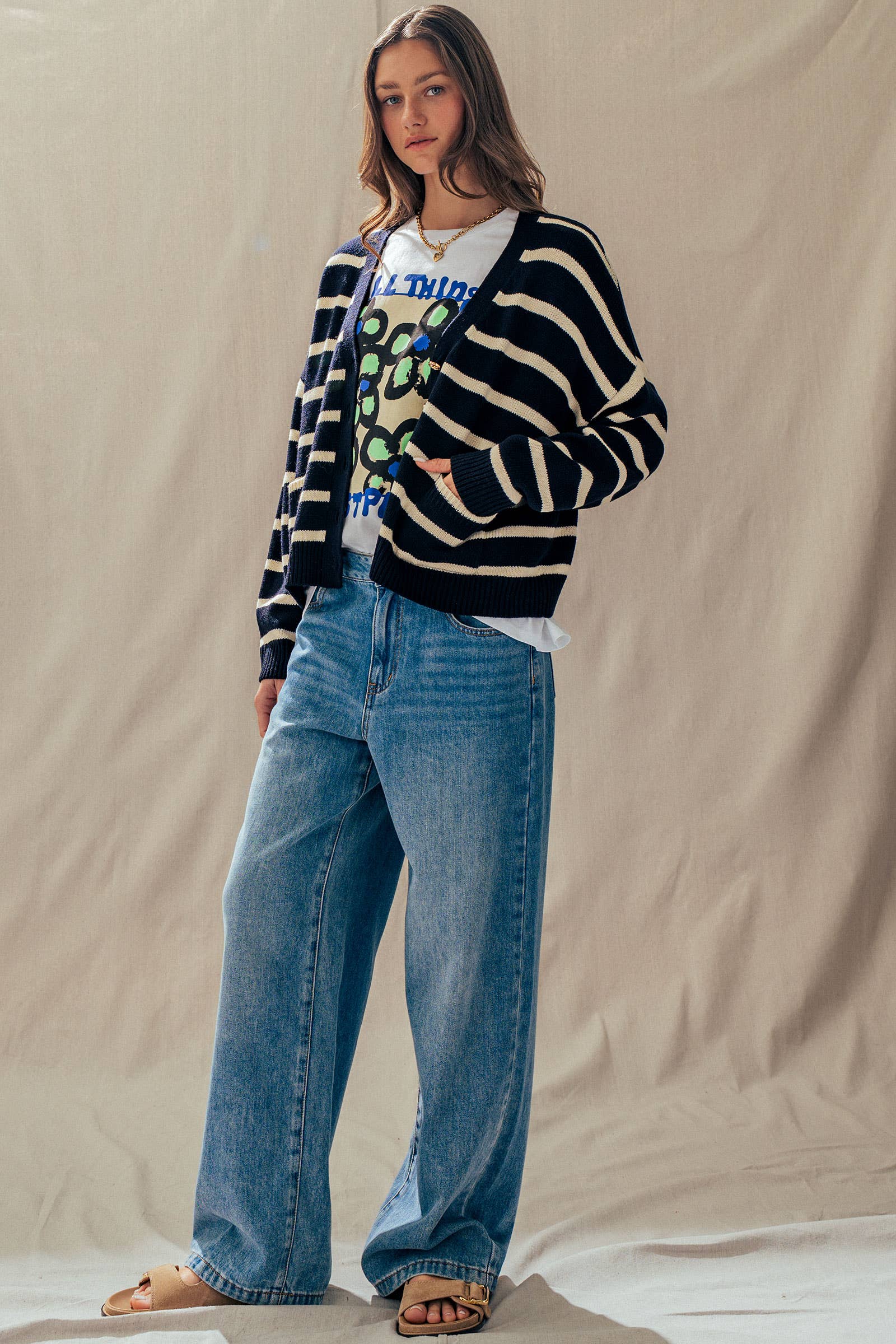 Striped Cropped V Neck Embellished Button Cardigan