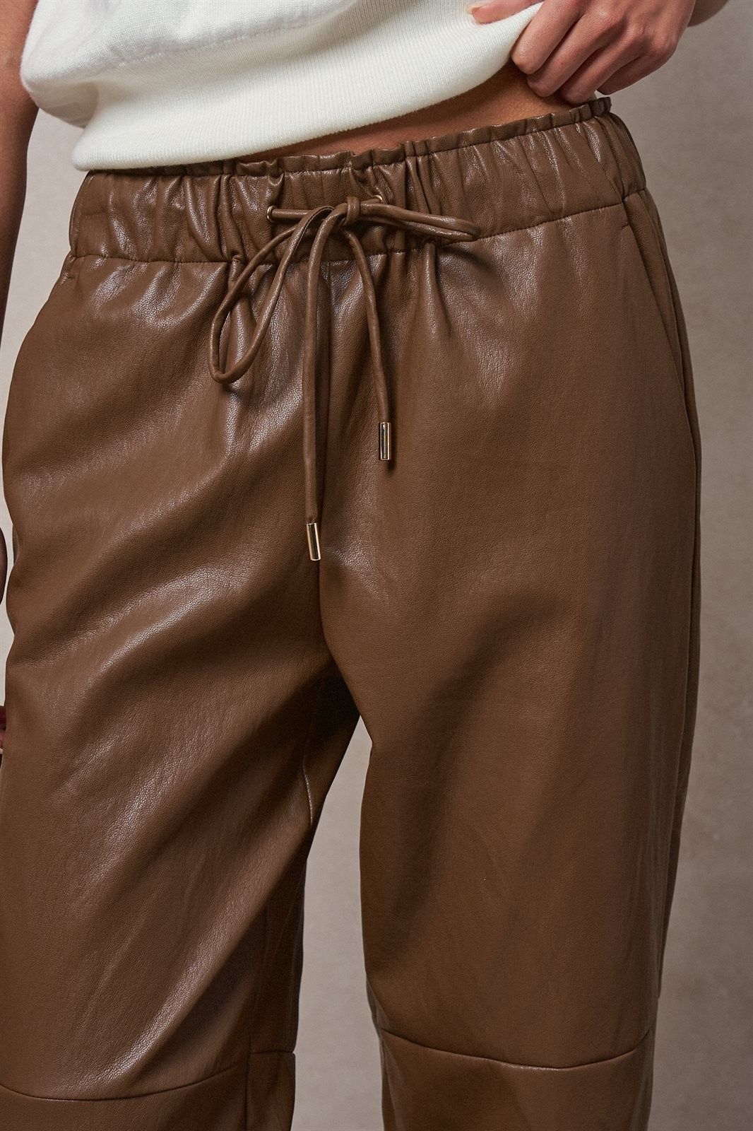 Faux Leather Drawstring Jogger Pants in BROWN - Women's Casual Pants | Urban Daizy