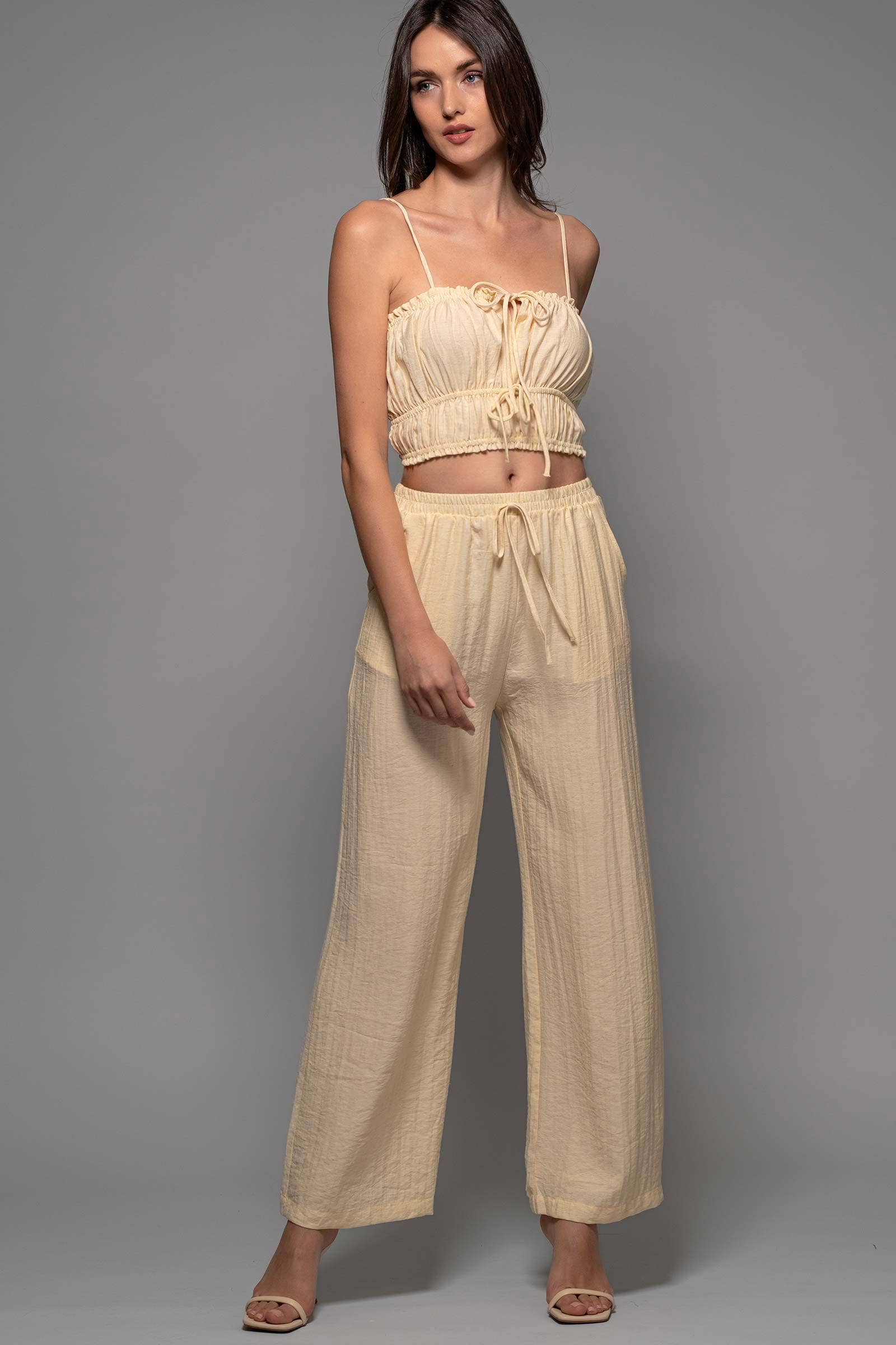 Linen-Blend Smocked Crop Top and Wide-Leg Pants Set