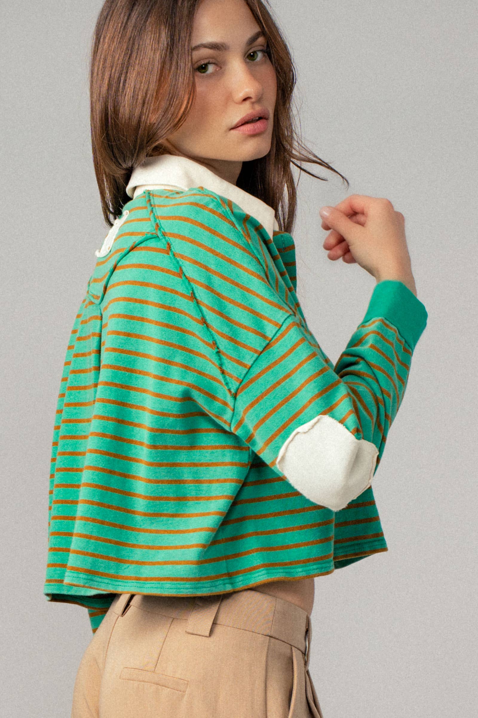 Urban Daizy Playful Cropped Stripe Cotton Top Black-White Polo - Women's (UDZ-PT-00355) – alternate view 19