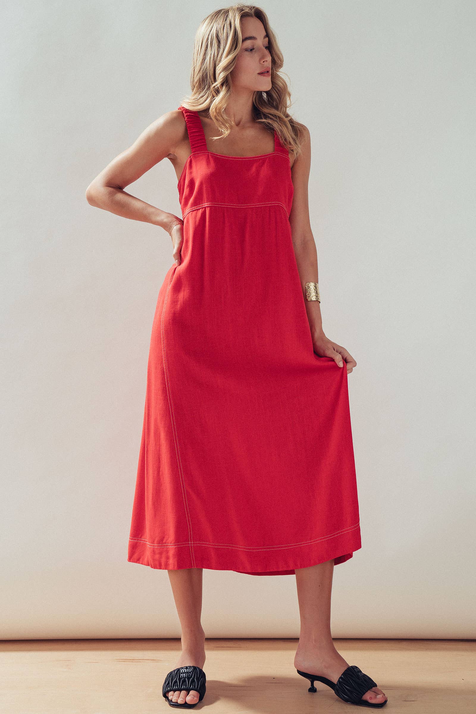 Contrast Stitch Square Neck Tencel Linen Midi Dress