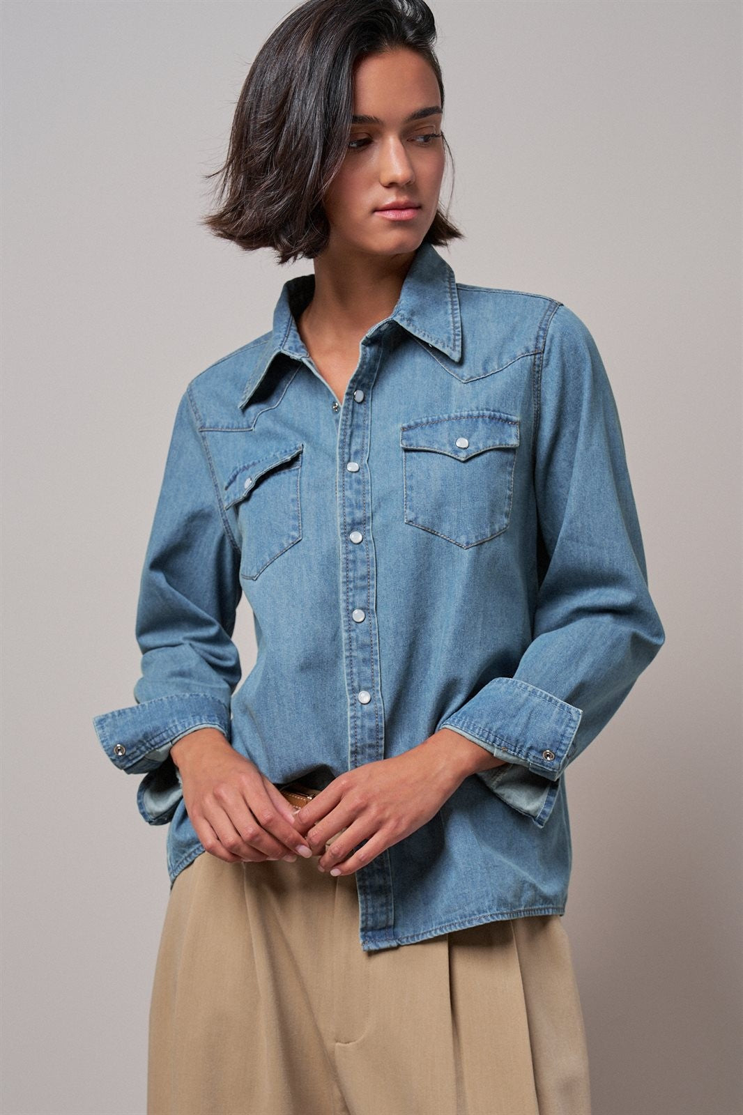 Western Pearl Snap Denim Button-Down Shirt in DENIM BLUE - Women's Shirts & Blouses | Urban Daizy