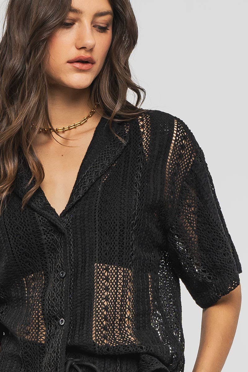 Urban Daizy Open Knit Button-Down Oversized Shirt Black Button Down Shirt - Women's (UDZ-TP-00111)