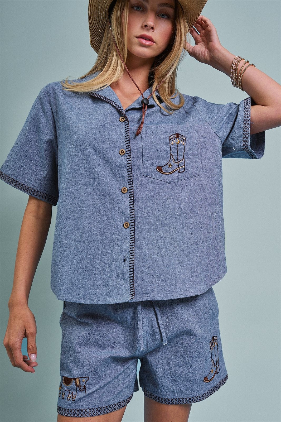 Sweet Cowgirl Boot Stitch Embroidered Shirt in BLUE - Women's Shirts & Blouses | Urban Daizy
