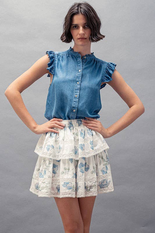 Urban Daizy Blue Rose Print Lace Trim Double Tiered Mini Skirt Ivory Skirt - Women's (UDZ-AC-00158) – alternate view 9