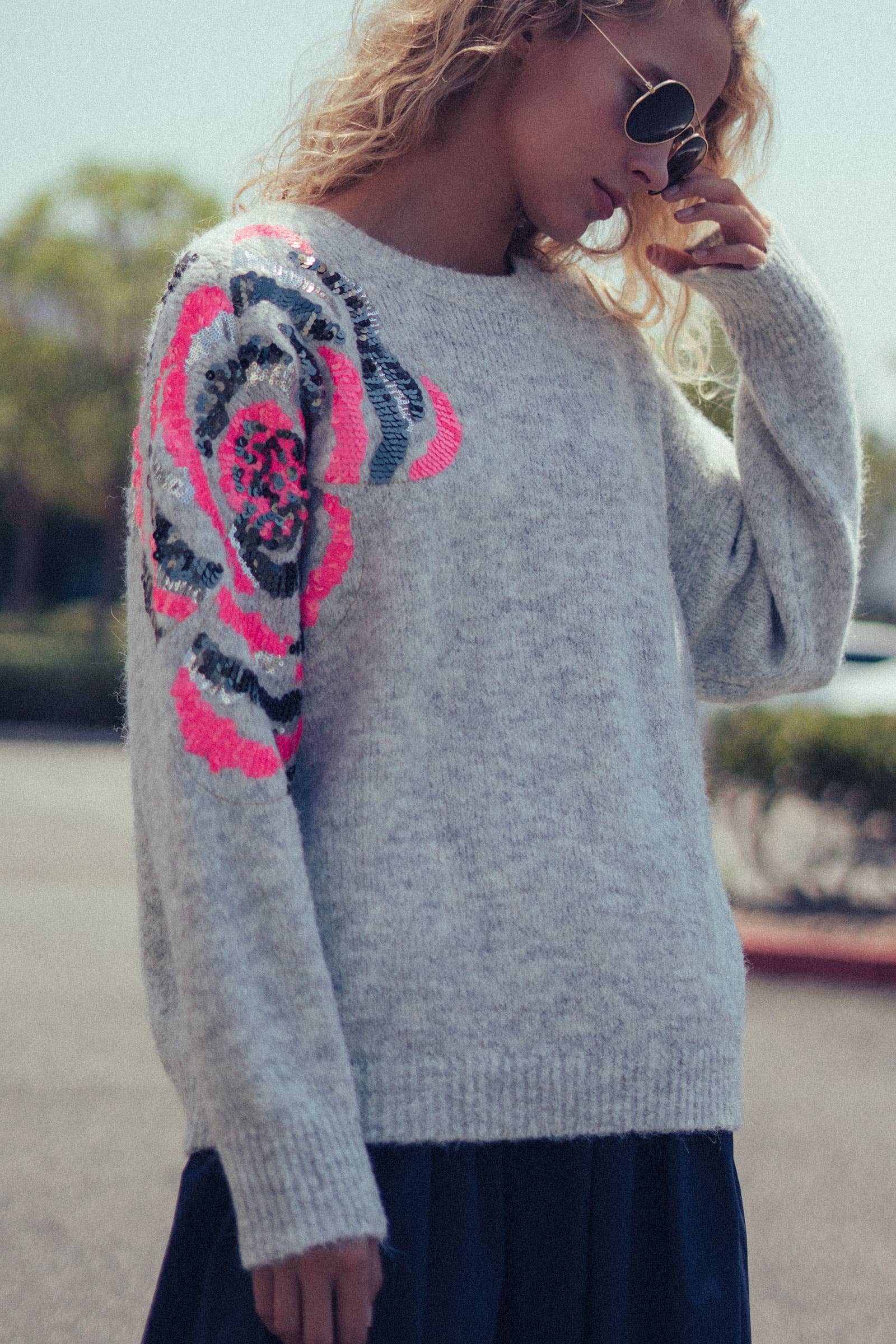 Sequin Floral Fuzzy Knit Sweater