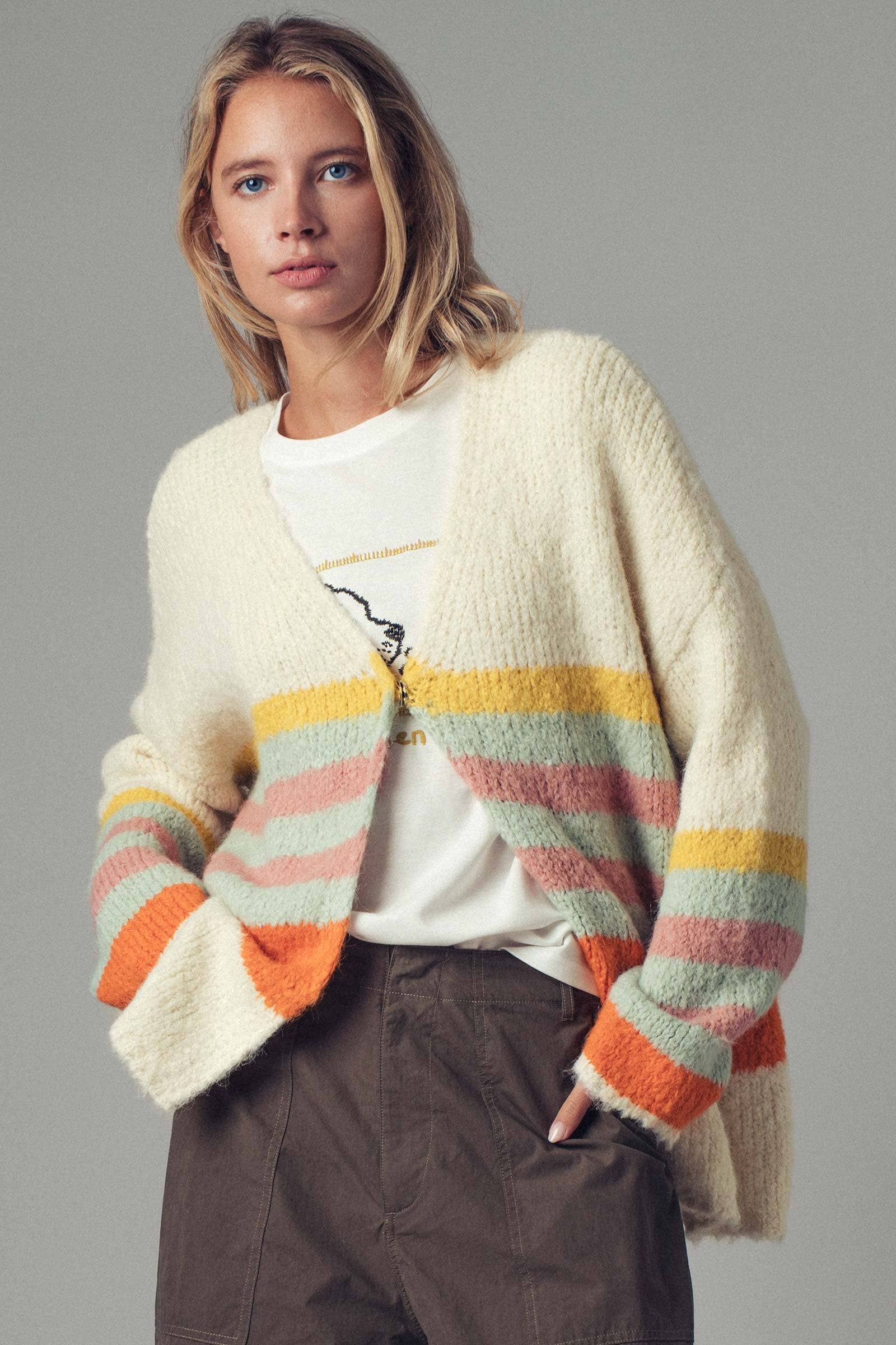 Urban Daizy Boho Stripe Cardigan Cream-Multi Cardigan - Women's (UDZ-KN-00358) – alternate view 2