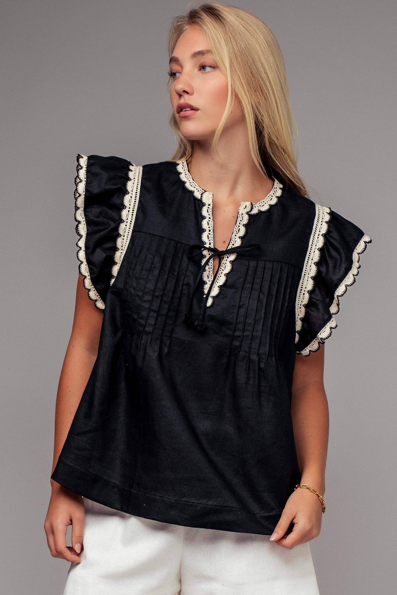 Urban Daizy Lace Trim Pintuck Flutter Sleeve Blouse Black Blouse - Women's (UDZ-TP-00810) – alternate view 2