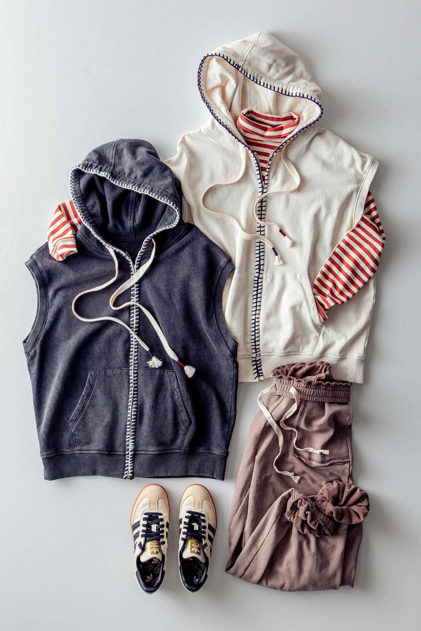 Relaxed Sleeveless Contrast Stitch Zip Hoodie