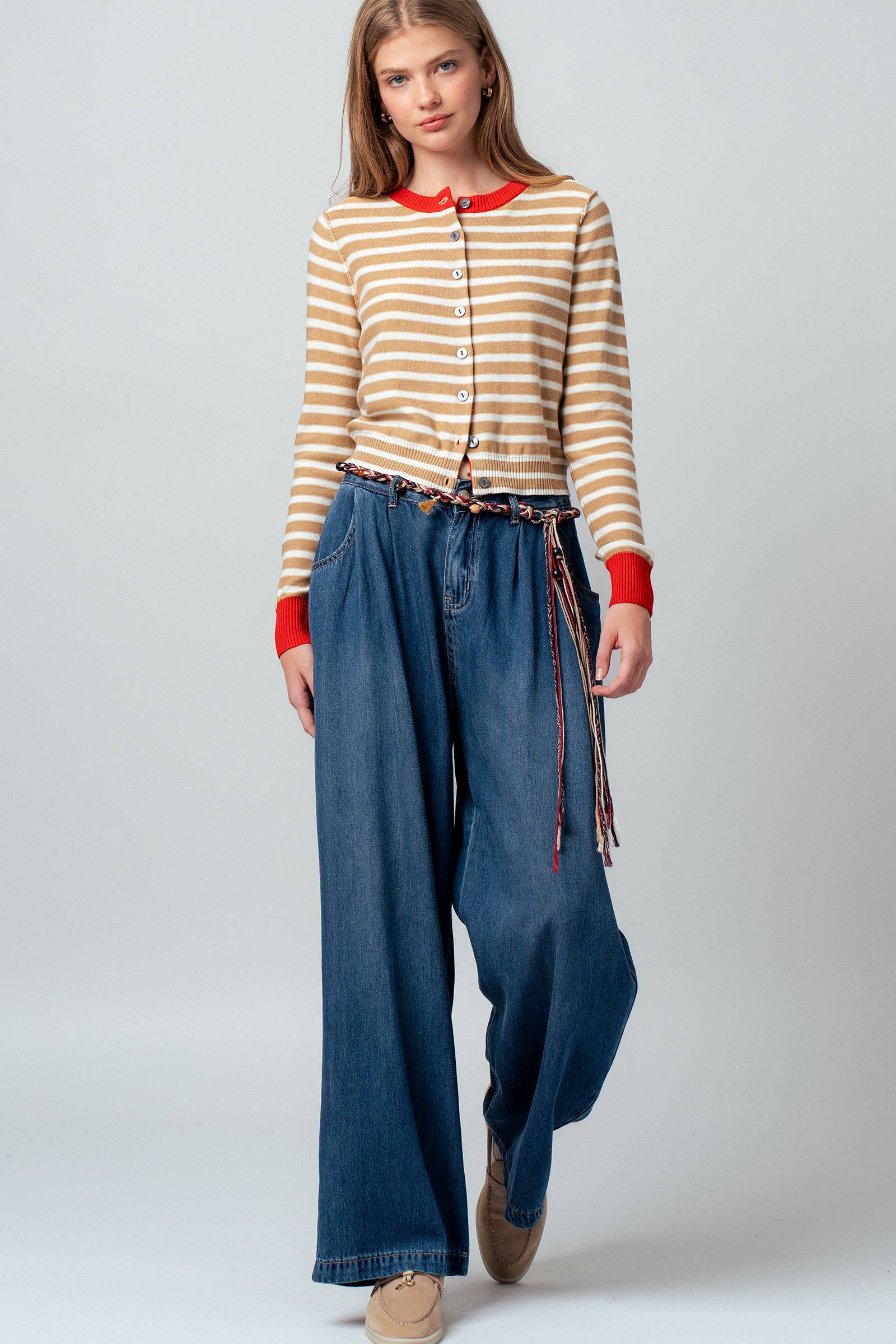 Striped Knit Cropped Button-Up Cardigan