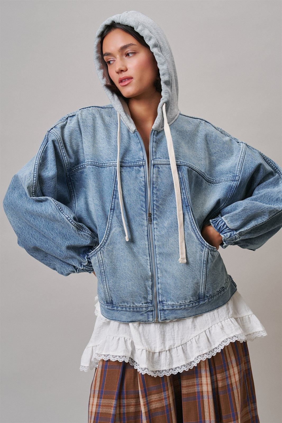 Hooded Denim Zip Up Jacket with French Terry Hood in DENIM - Women's Jackets & Blazers | Urban Daizy