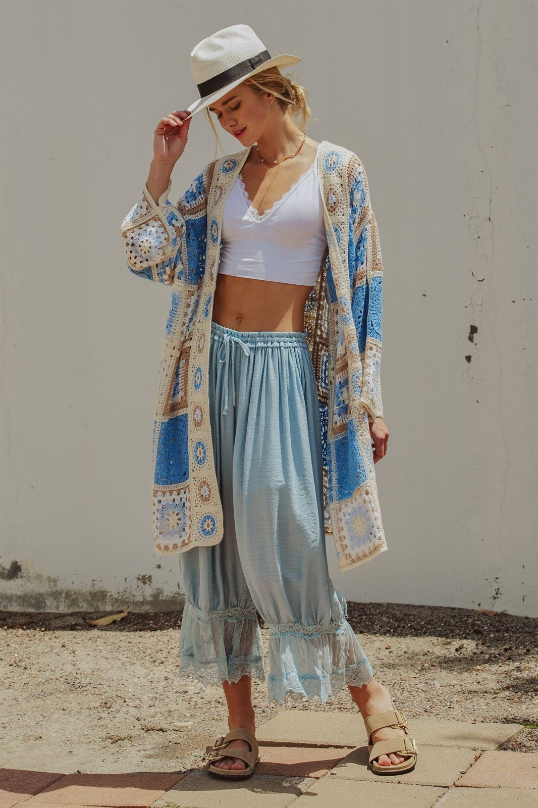 Boho Lace Trim Summer Linen Pants in BLUE - Women's Pants | Urban Daizy
