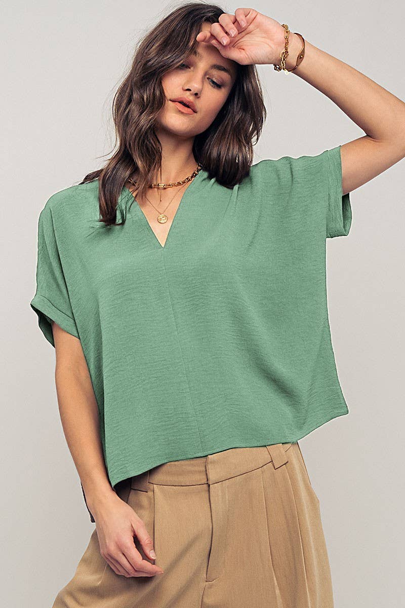 Urban Daizy Relaxed V-Neck Top with Folded Sleeves Ivory Blouse - Women's (UDZ-TP-00570) – alternate view 20