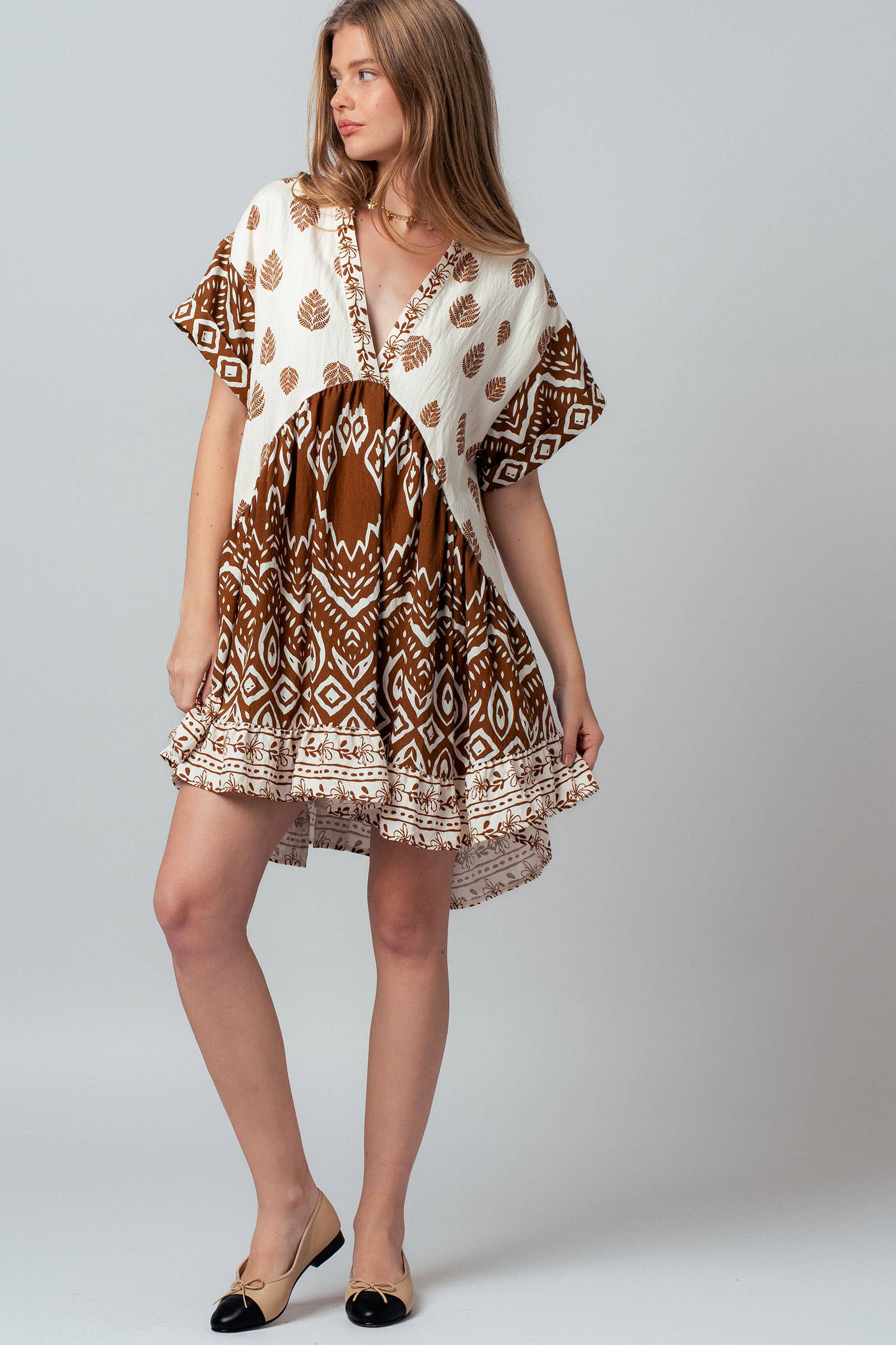 Urban Daizy Mixed-Print V-Neck Tiered Boho Mini Dress Ivory-Brown Dress - Women's (UDZ-DR-00476) – alternate view 16