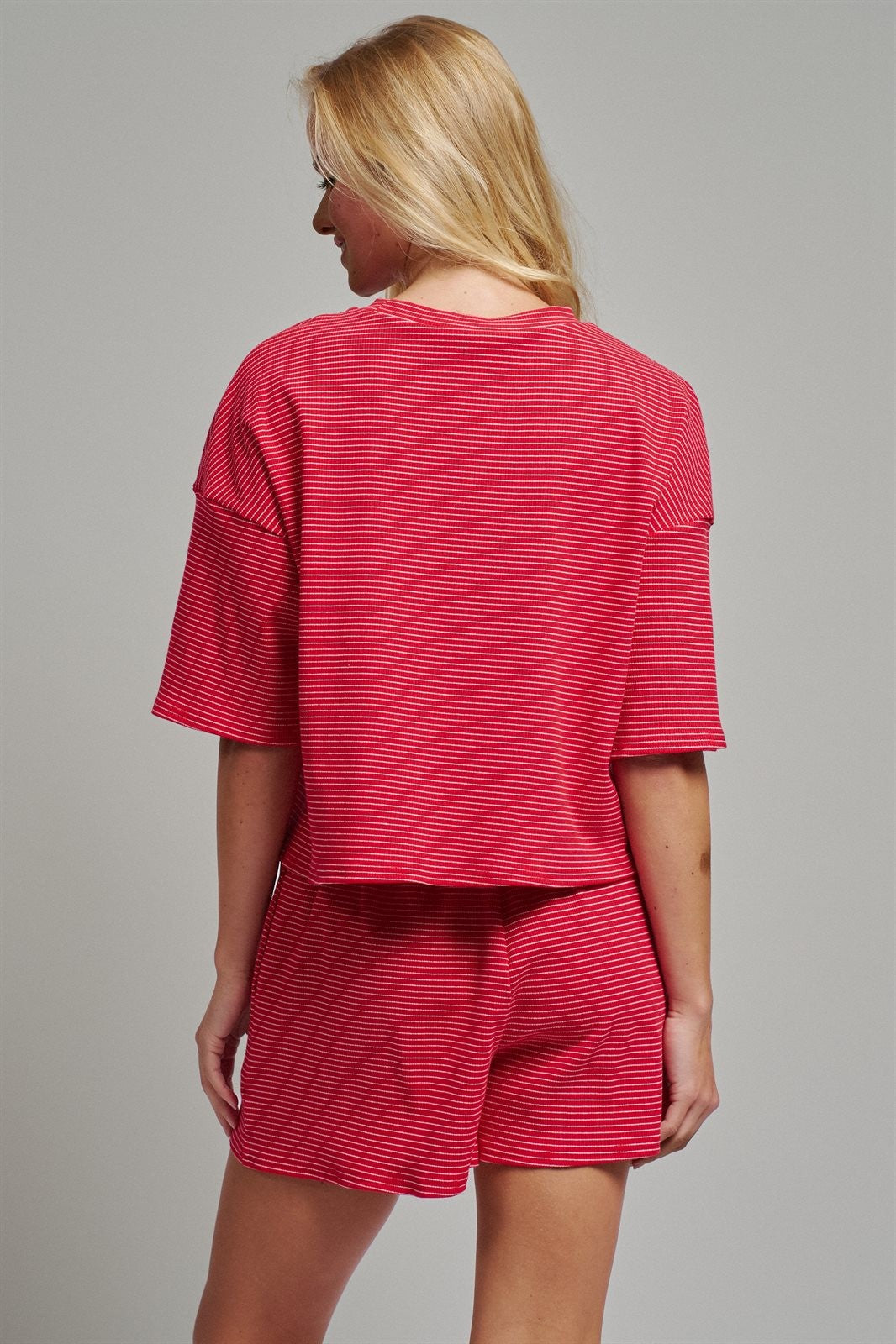 Ribbed Knit Boxy Tee and Shorts Lounge Set in RED WHITE - Women's Short Sets | Urban Daizy