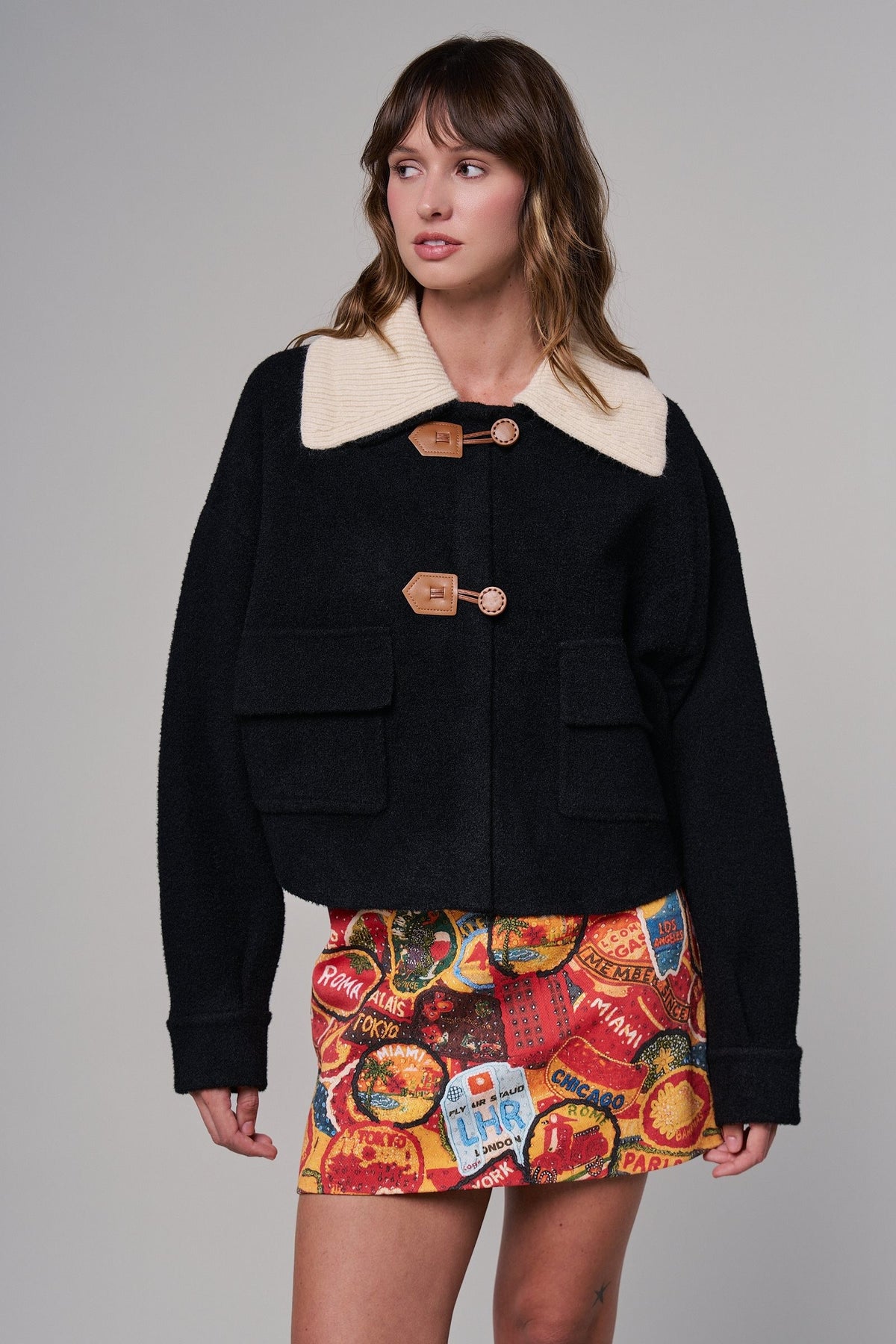Toggle Front Sweater Jacket with Contrast Collar in BLACK - Women's Jackets & Blazers | Urban Daizy