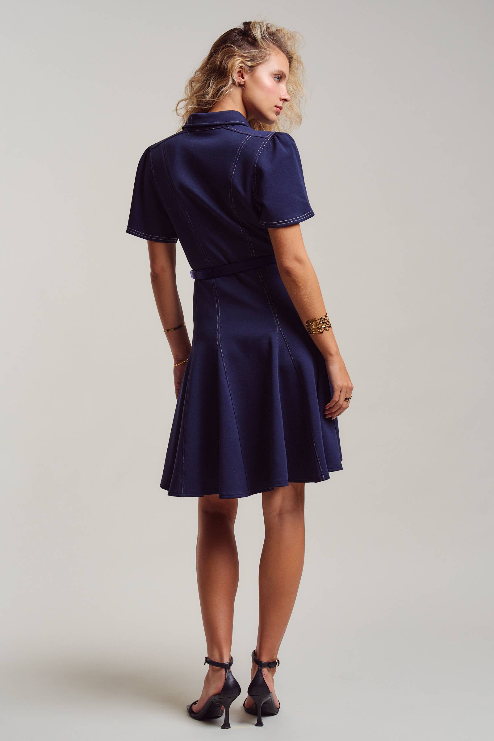 Contrast Stitch Zip Front Knit Mini Dress Belted