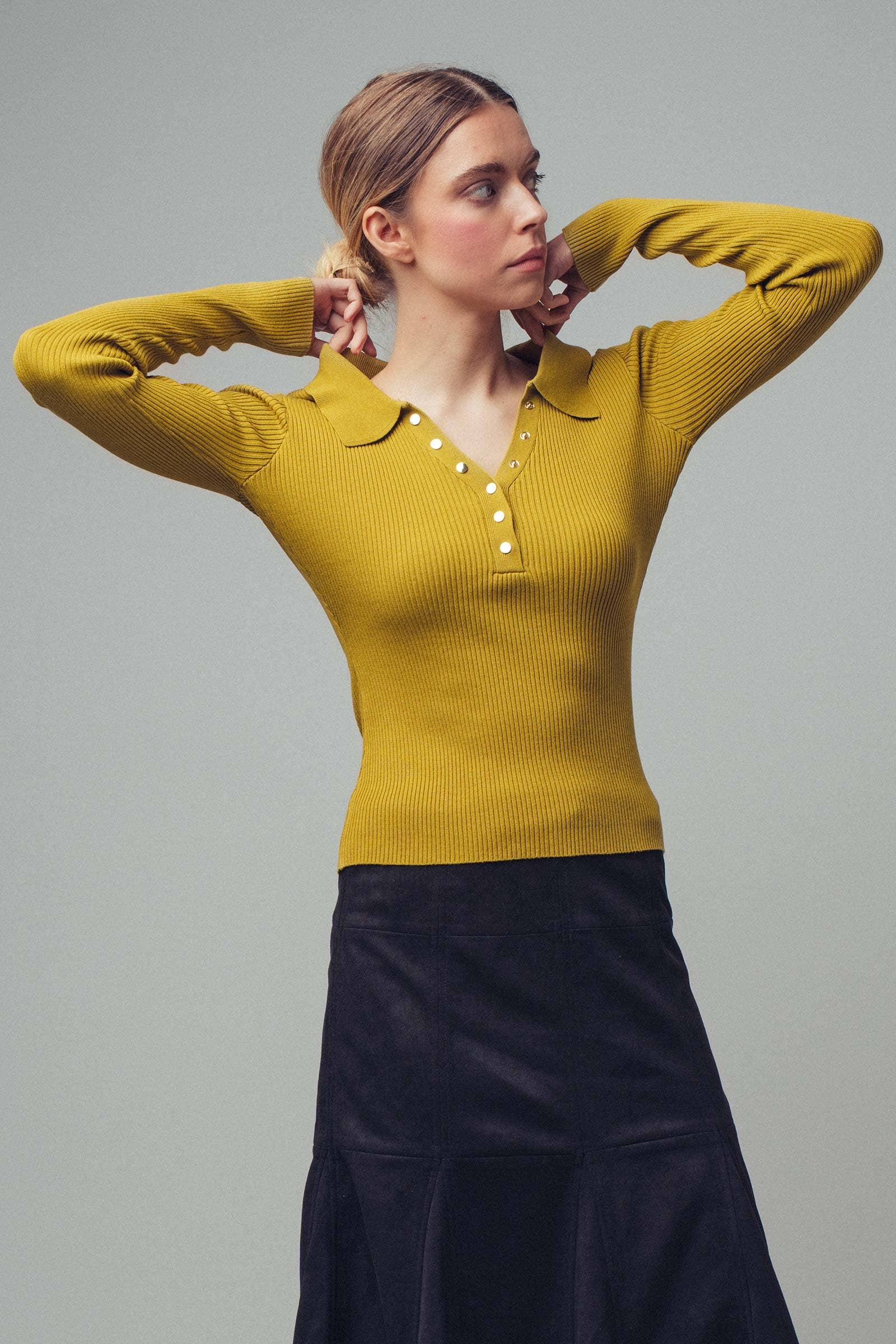 Urban Daizy Classic Fitted Ribbed Knit Polo Sweater Brown Knit Sweater - Women's (UDZ-KN-00657) – alternate view 19