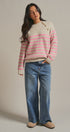 Striped Mock Neck Sweater with Gold Button Shoulder in PINK BEIGE - Women's Sweaters | Urban Daizy