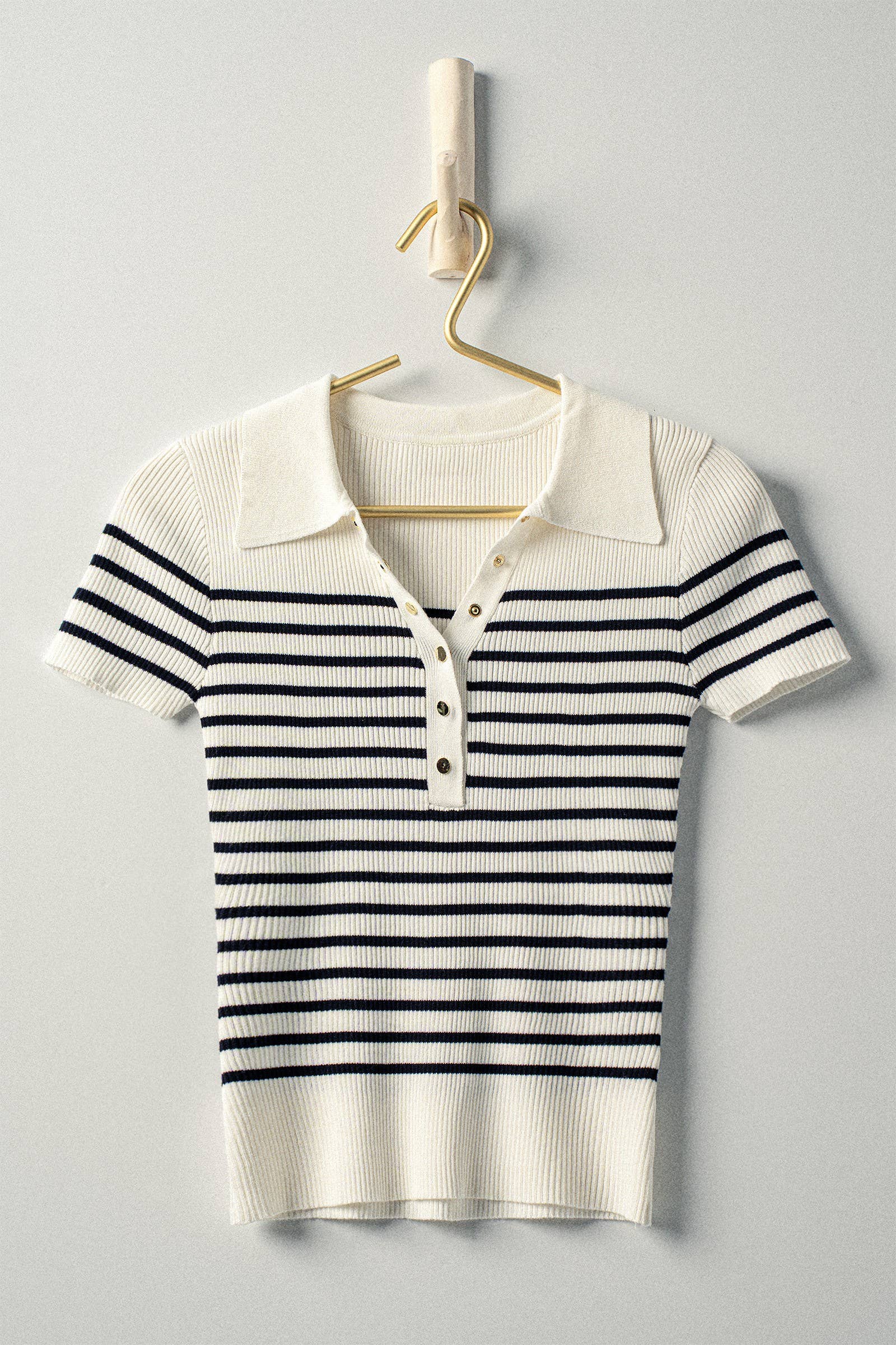 Striped Snap Collar Rib Knit Top