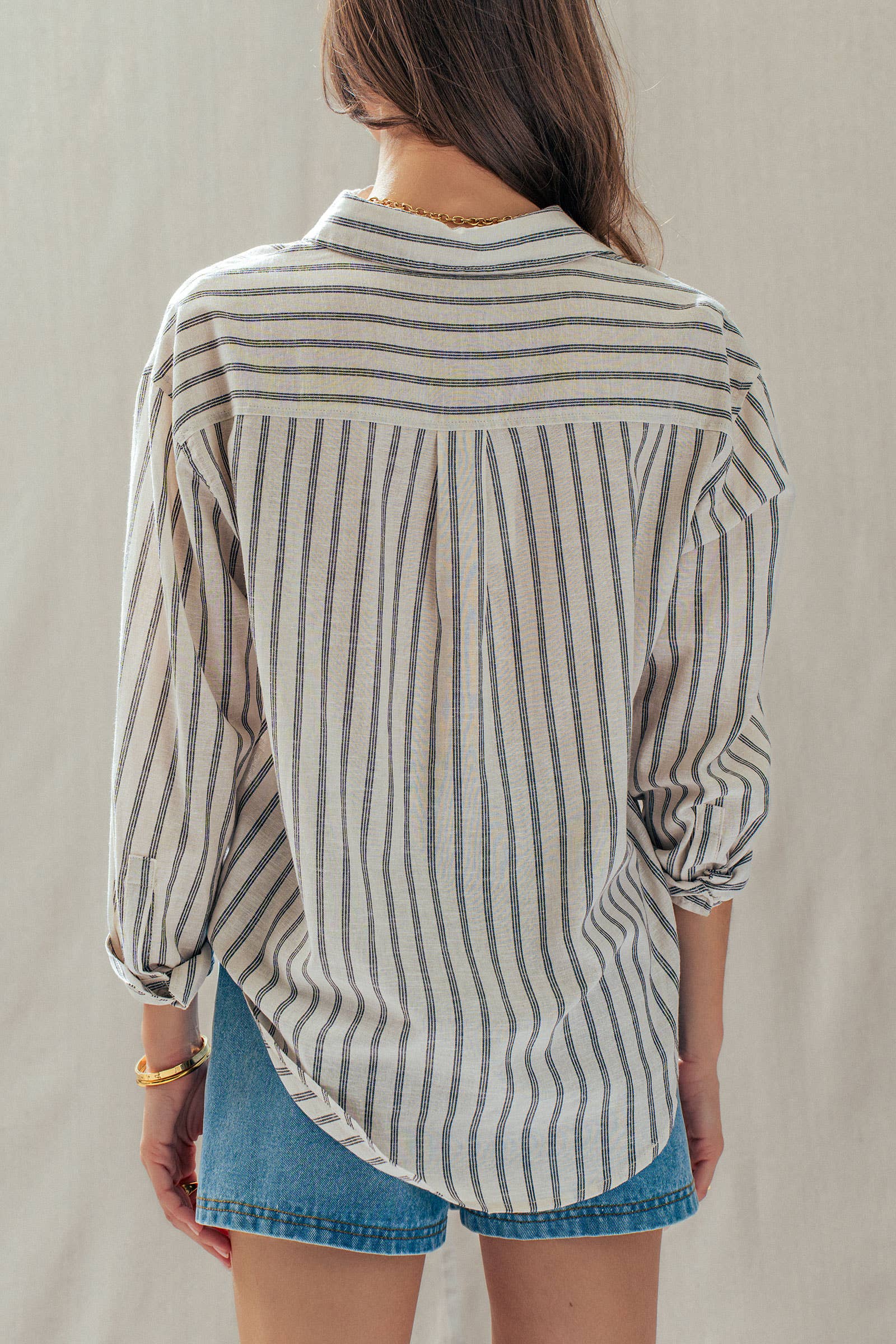 Striped Linen Blend Button Up Shirt