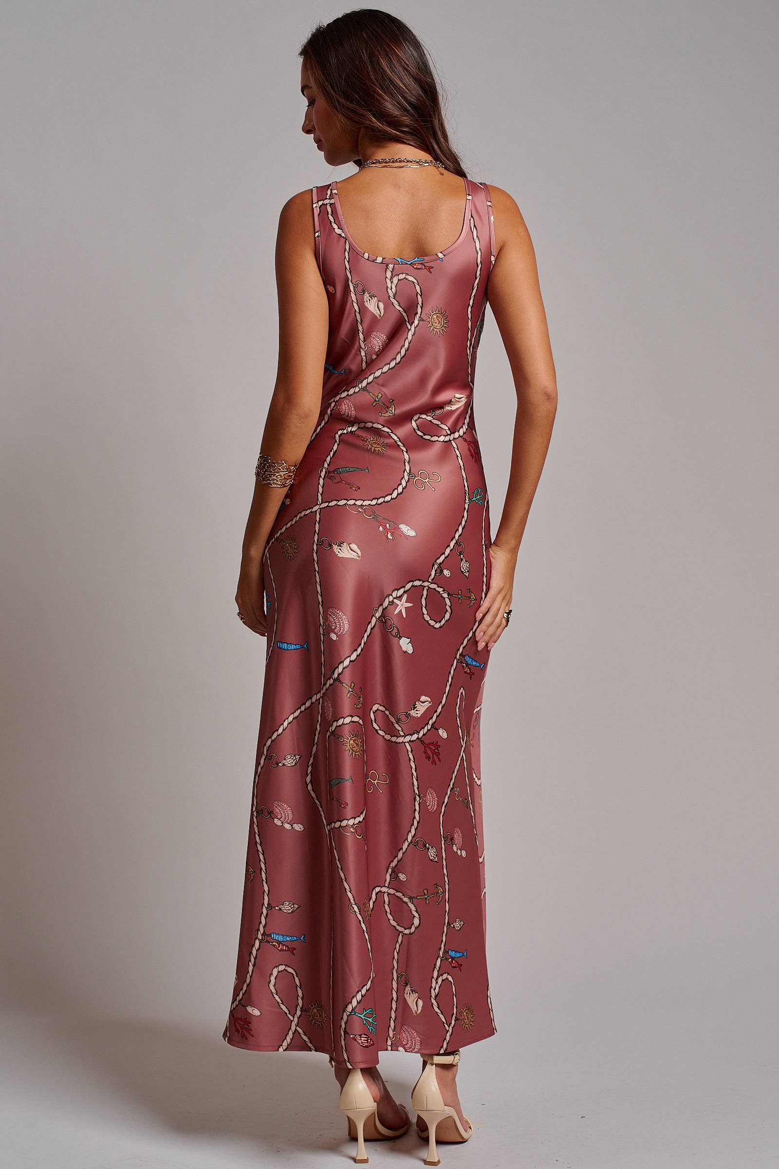 Urban Daizy Coastal Rope Print Satin Slip Midi Dress Brown Dress - Women's (UDDR0360-Brown) – alternate view 5