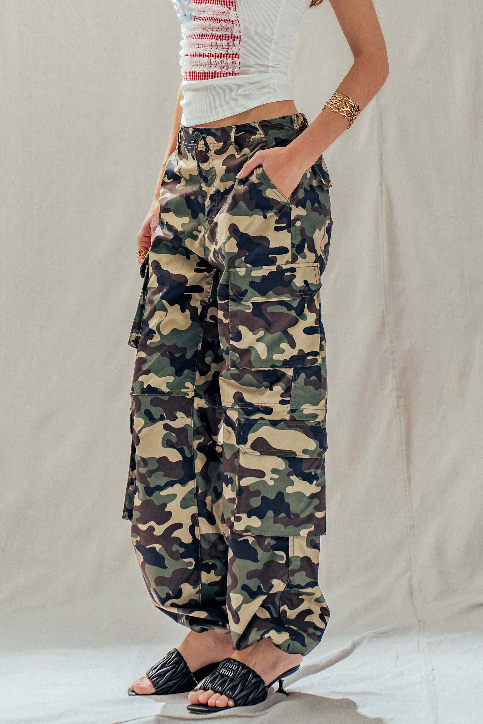 Camo Print Utility Cargo Pants with Drawstring Hem