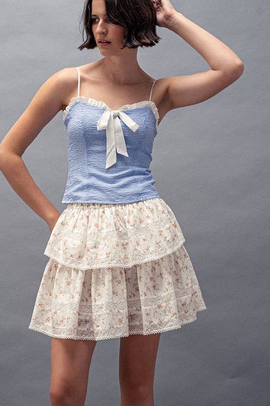 Urban Daizy Vintage Pink Rose Print Lace Trim Double Tiered Mini Skirt Ivory Skirt - Women's (UDZ-AC-00158) – alternate view 5