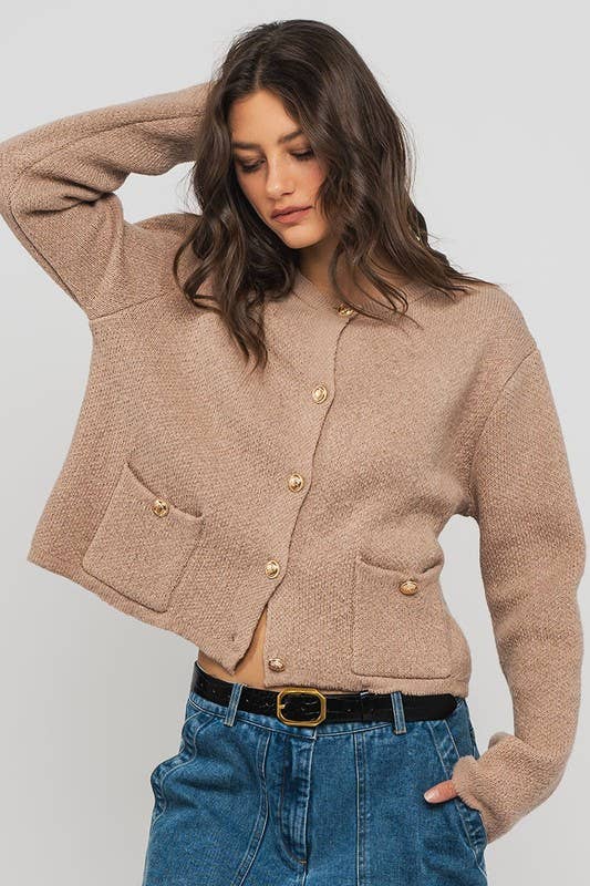 Urban Daizy Textured Button Front Cropped Knit Cardigan Beige Knit Top - Women's (UDZ-TP-00751) – alternate view 6