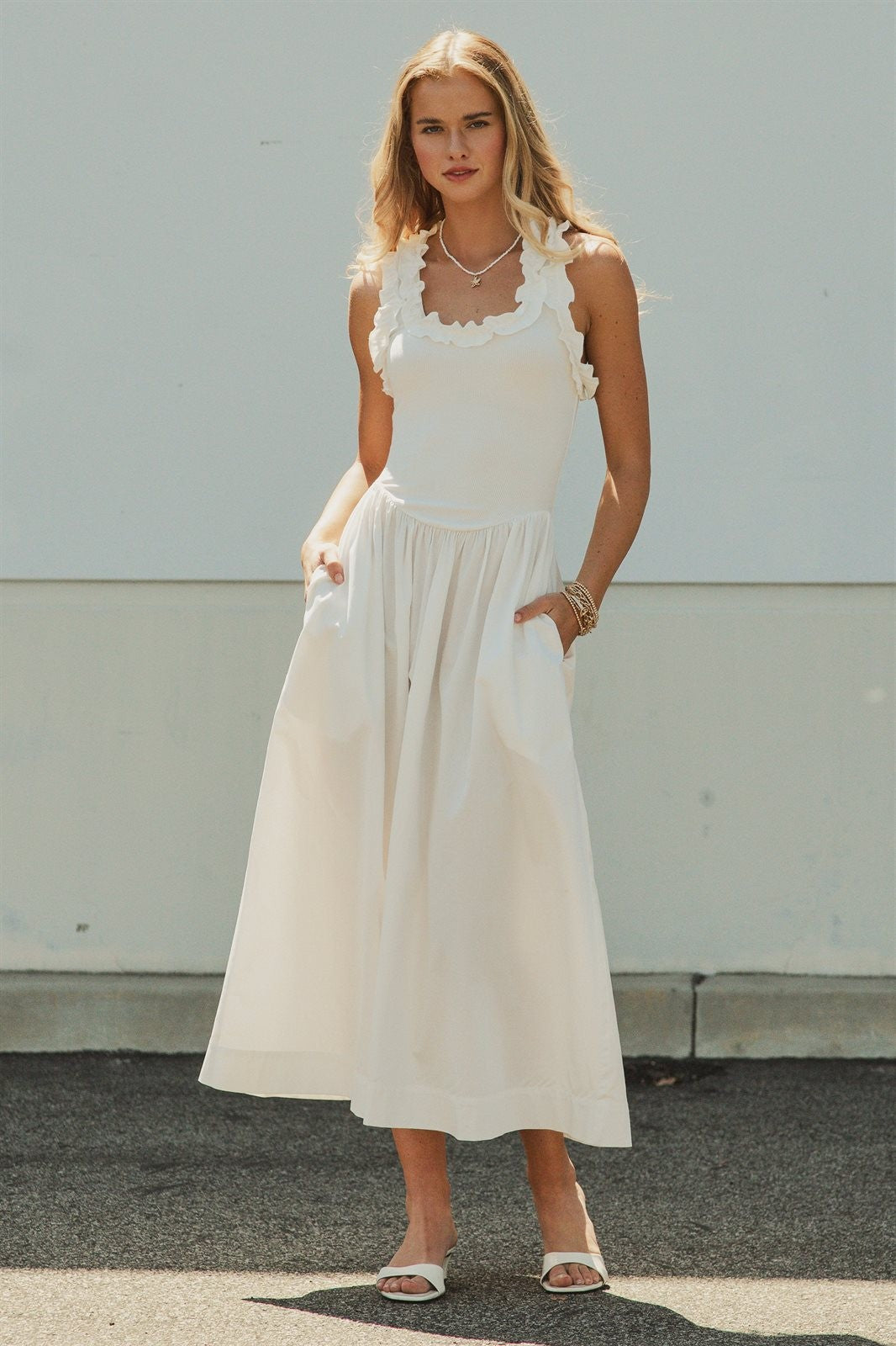 Soft Ruffle Bodice Midi Dress in WHITE - Women's Dresses | Urban Daizy