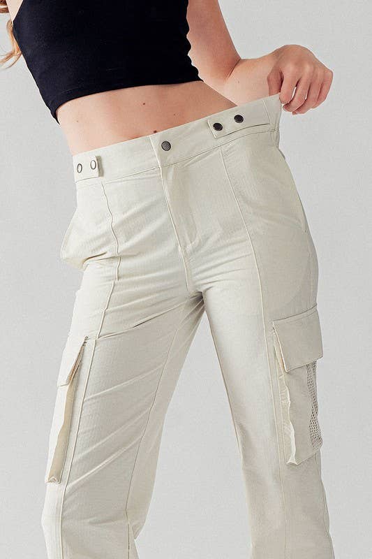 High Waist Mesh Pocket Elastic Cuff Adjustable Cargo Pants