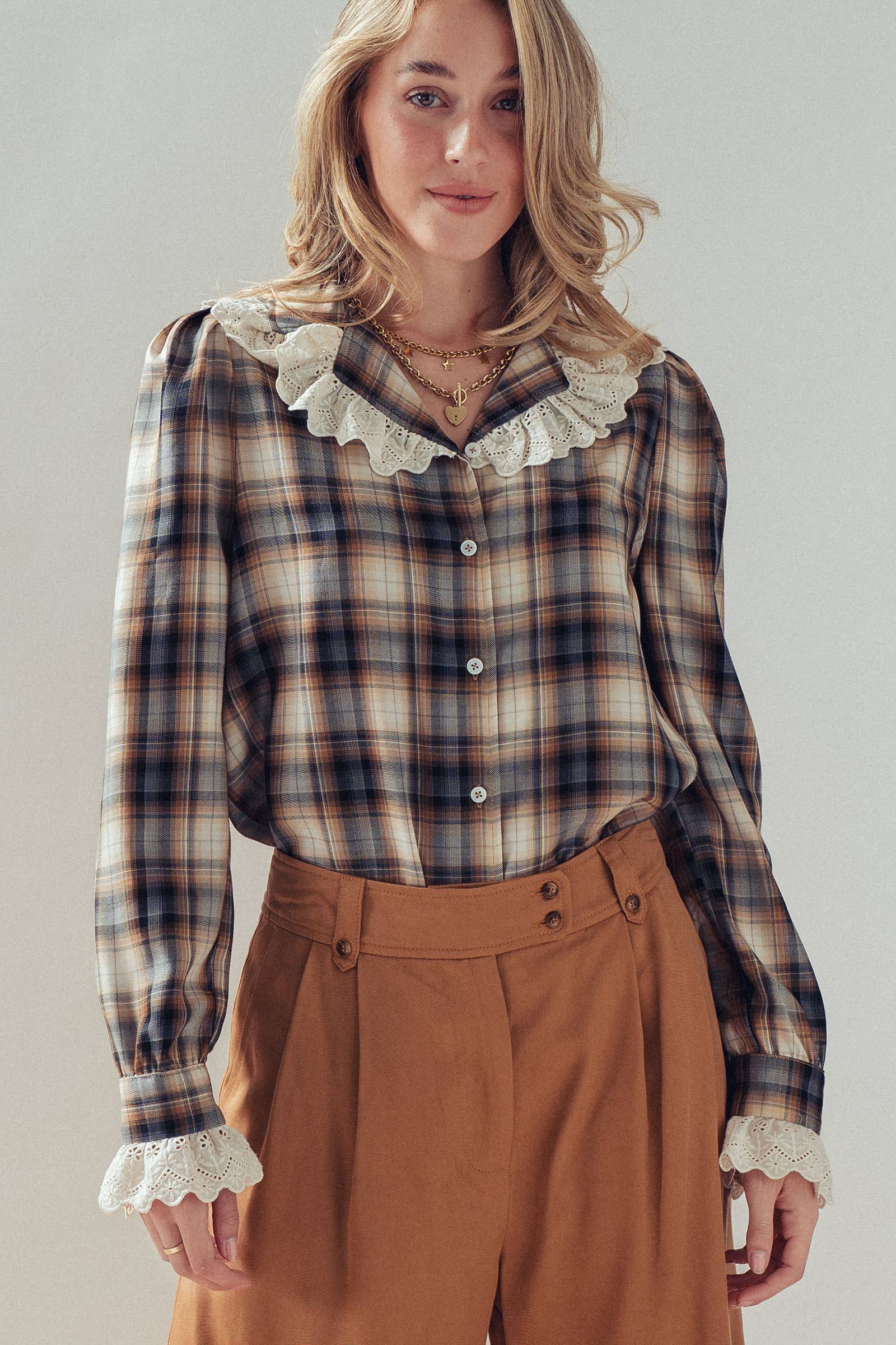 Tencel Plaid Blouse With Eyelet Lace Collar