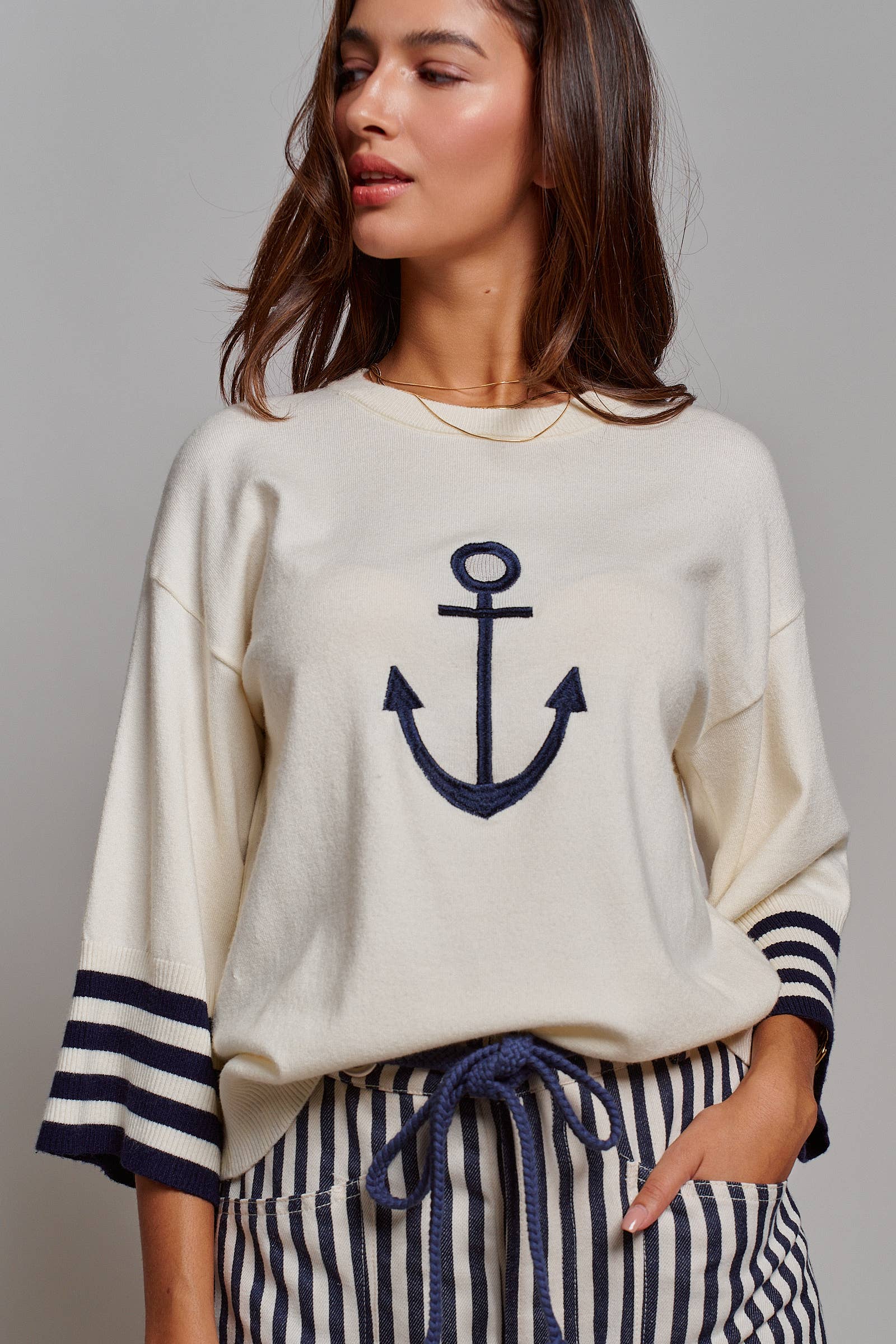 Nautical Anchor Knit Top Striped Sleeve