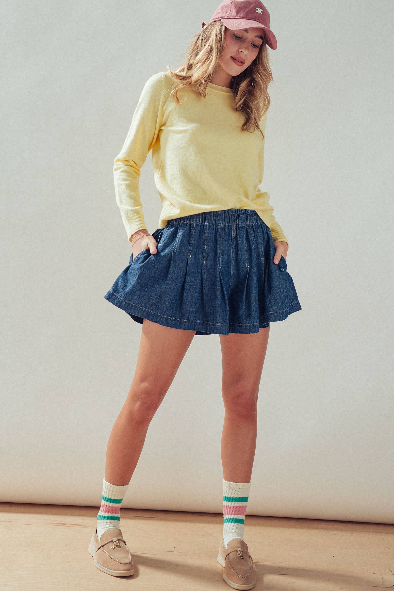 Pleated Denim Soft Shorts With Elastic Waist
