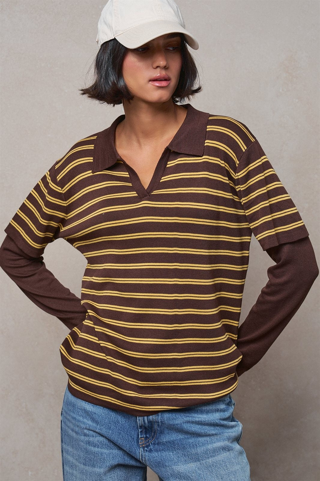 Striped Collared Layered Polo Top in BROWN - Women's Sweaters | Urban Daizy