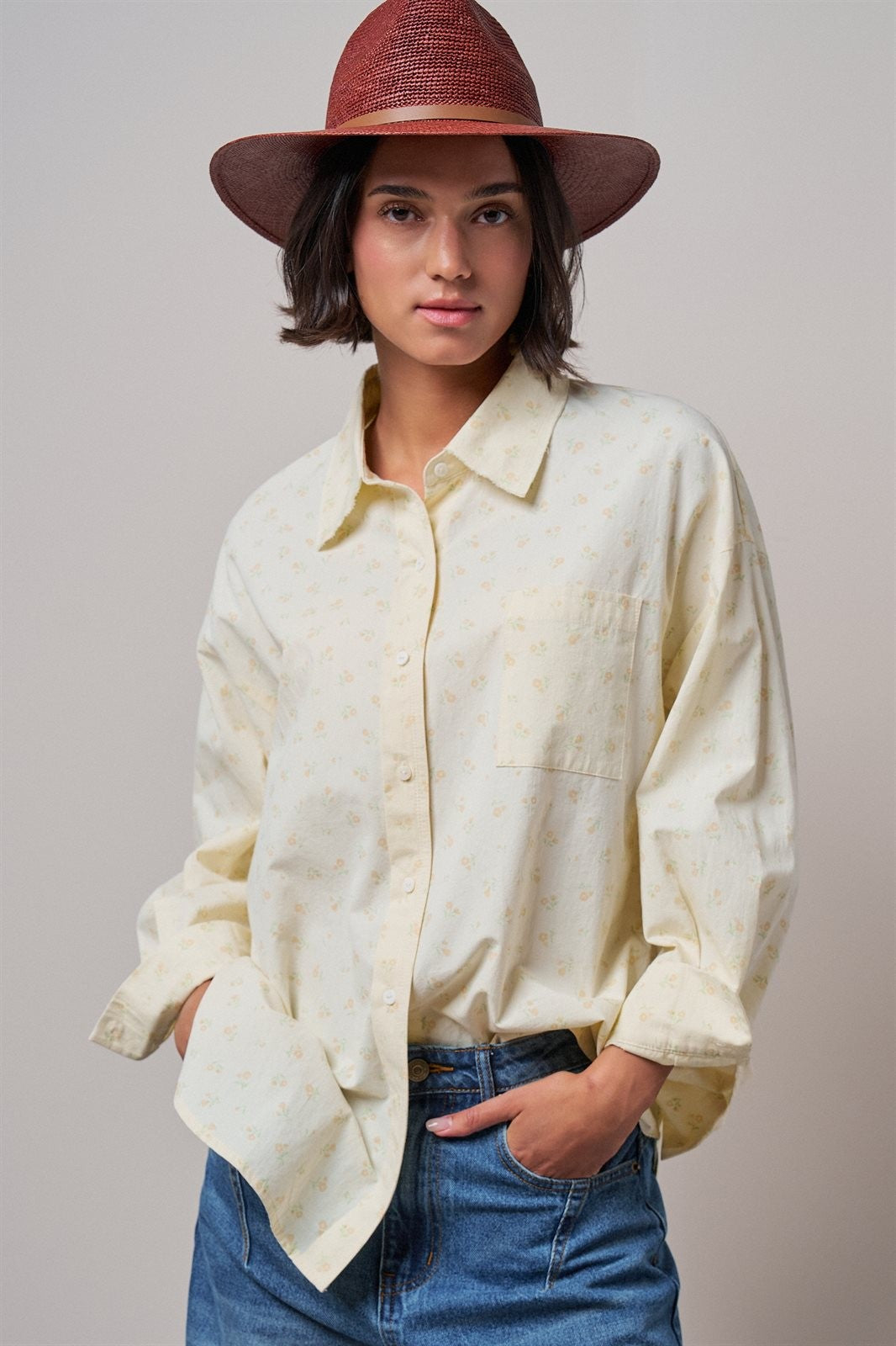 Soft Meadow Button-Down Shirt in CREAM - Women's Shirts & Blouses | Urban Daizy