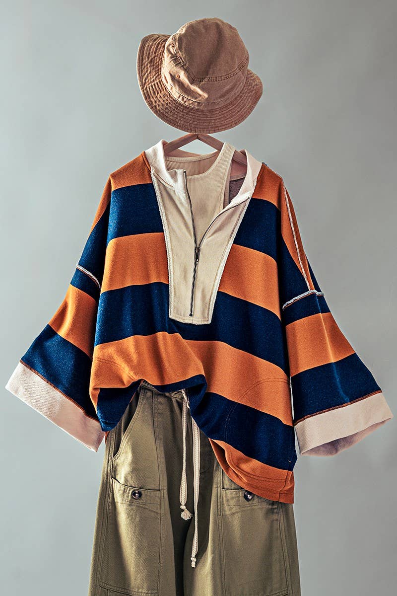 Urban Daizy Oversized Half Zip Bold Stripe Statement Pullover Sweatshirt Cream-Black Sweatshirt - Women's (UDZ-KN-00450)…