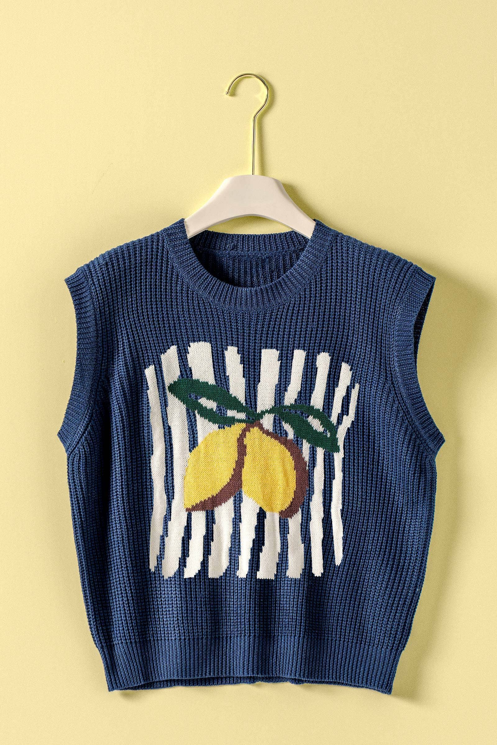 Urban Daizy Lemon Graphic Knit Vest Citrus Print Navy Sweater Vest - Women's (UDZ-KN-01048)